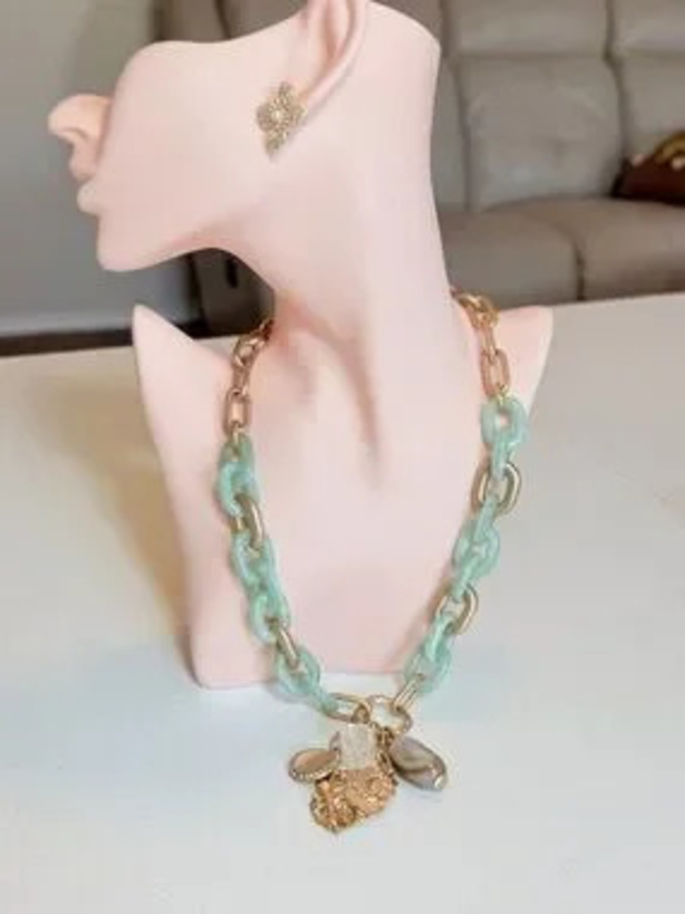 Gold & Mint Link Charm Necklace